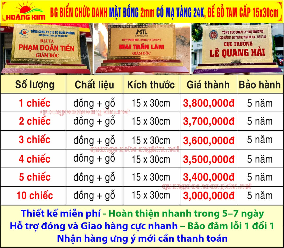 5 bg bien chuc danh mat dong 2mm co ma vang 24k de go tam cap 15x30cm - BIỂN CHỨC DANH MẶT ĐỒNG 2MM MẠ V&Agrave;NG 24K 15X30CM &ndash; KHỔ LỚN, ĐẲNG CẤP D&Agrave;NH CHO L&Atilde;NH ĐẠO