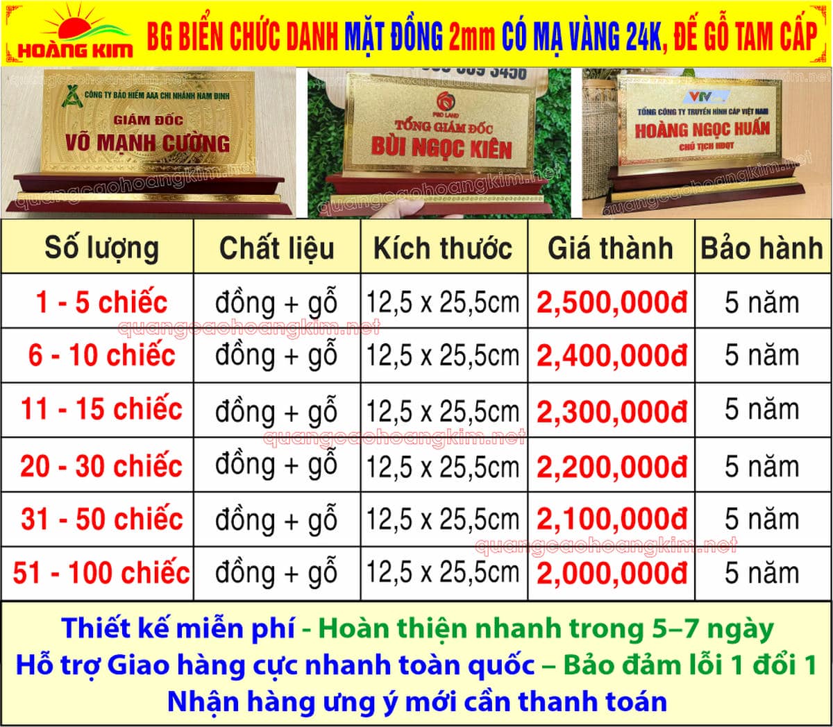 7 bao gia bien chuc danh mat dong 2mm de go tam cap co ma vang 24k 125x255cm 1 - BIỂN CHỨC DANH MẶT ĐỒNG 2MM CỠ 12,5x25,5CM, MẠ V&Agrave;NG 24K &ndash; ĐẾ GỖ TAM CẤP CAO CẤP