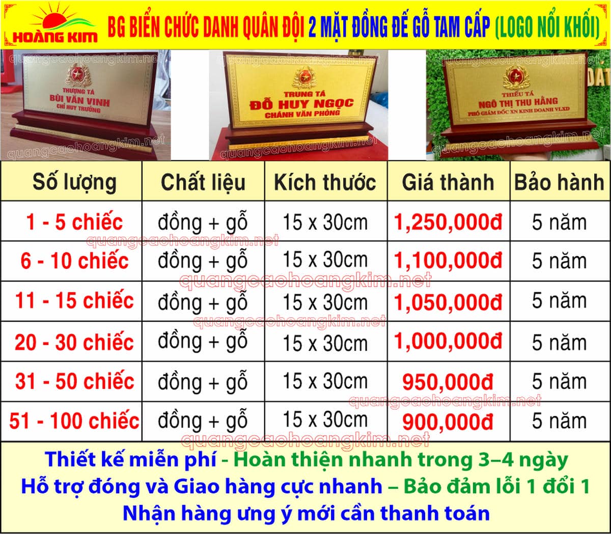 3 bien chuc danh quan doi dong go 2 mat de tam cap gan noi logo - BIỂN CHỨC DANH QU&Acirc;N ĐỘI, BẢNG T&Ecirc;N ĐỂ B&Agrave;N CỰC ĐẸP