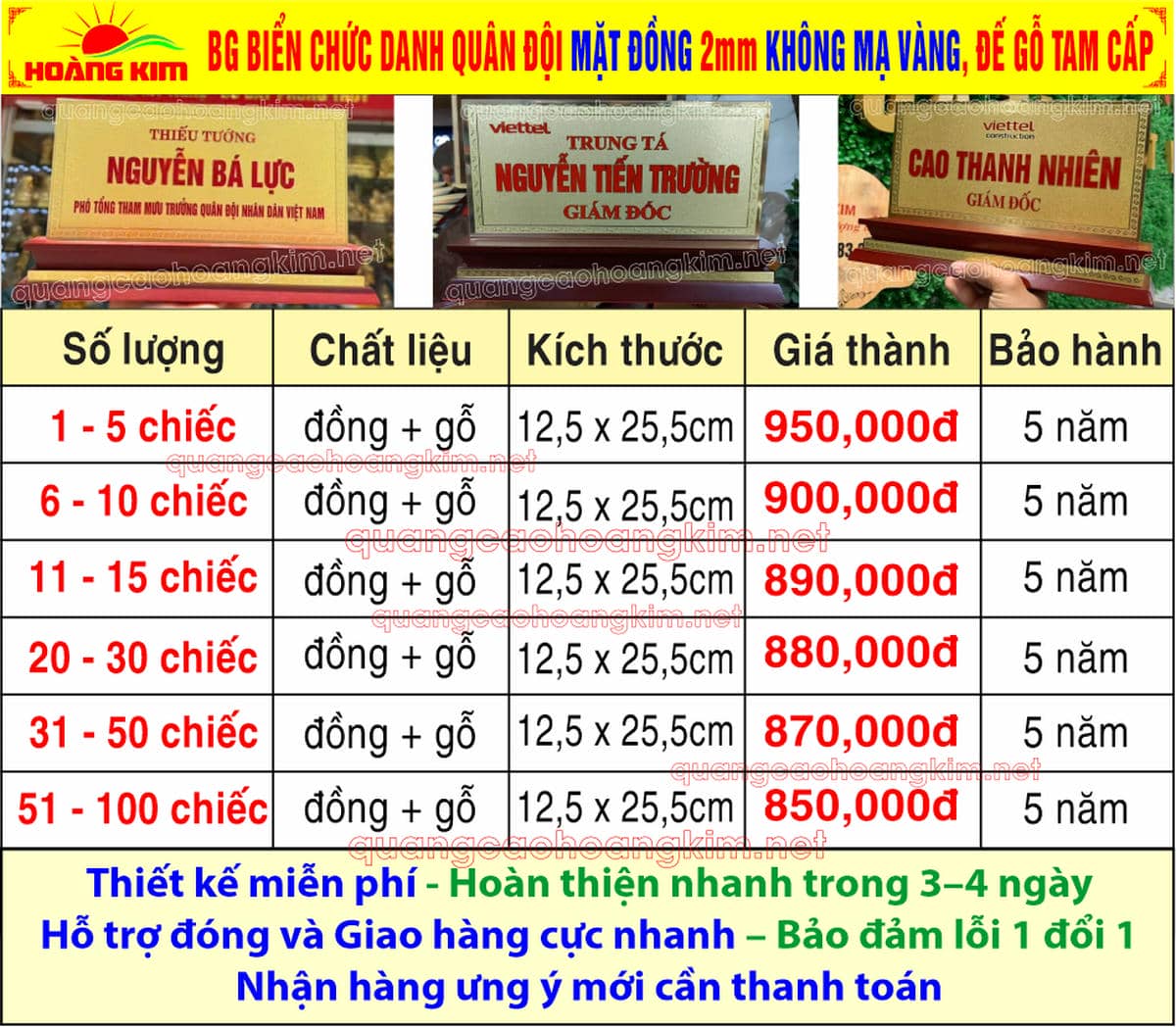 6 bien chuc danh quan doi mat dong 2mm kt125x255cm de go khong ma vang - BIỂN CHỨC DANH QU&Acirc;N ĐỘI, BẢNG T&Ecirc;N ĐỂ B&Agrave;N CỰC ĐẸP